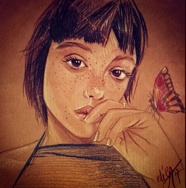 Portrait du mannequin anglais Emily Bador, crayon sur papier kraft