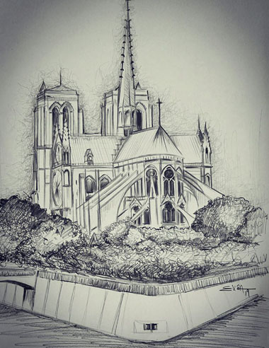 Notre-Dame. Crayon à papier sur papier blanc - Vendu