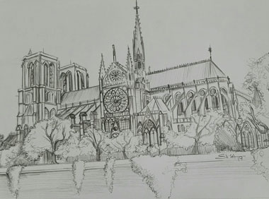 Notre-Dame. Crayon à papier sur papier blanc - Vendu