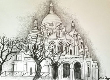 Sacré Coeur : Crayon à papier sur papier blanc – Vendu