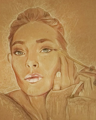 Caroline Receveur, influenceuse. Crayons de couleur sur papier kraft. - Dispo : S’il vous interesse : contact@elisalewis.net