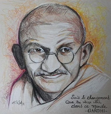 Gandhi. Format 20x20 cm. Crayons de couleur sur papier teinté. - Dispo : S’il vous interesse : contact@elisalewis.net