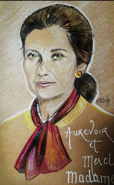 Simone Veil. Crayons de couleur sur papier kraft. - Dispo : S’il vous interesse : contact@elisalewis.net