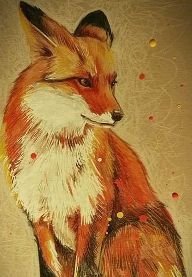 Commande – Renard aux crayons de couleur sur papier teinté.