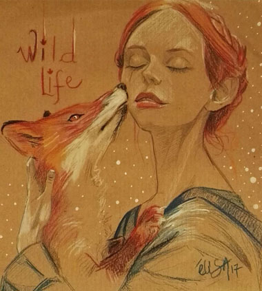 Wild life – Jeune fille et renard, crayons de couleur sur papier kraft. Vendu.