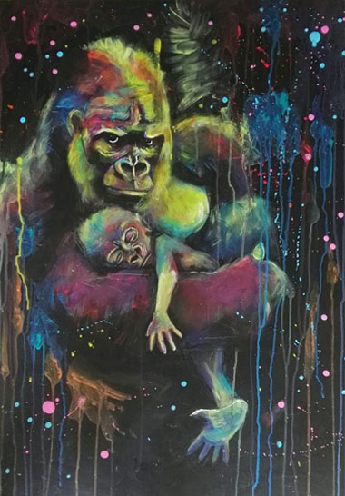 Maman Gorille et bébé - Commande - Format 50x65 cm. Acrylique sur support résine.